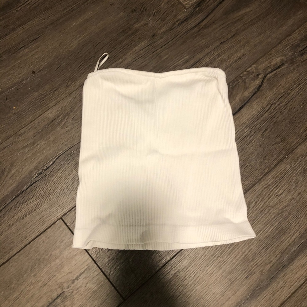 White Ribbed Strapless Crop Top